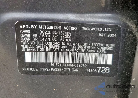 2024 Mitsubishi Mirage Es z USA, uszkodzony, nr VIN ML32AUHJ4RH013782
